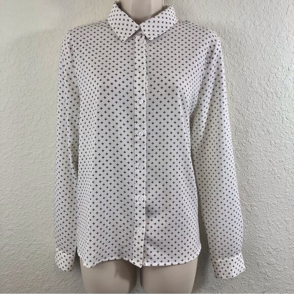 Vixbe Cream Black Print Button Front Long Sleeve Blouse Square Hem Loose Fit - Picture 16 of 16